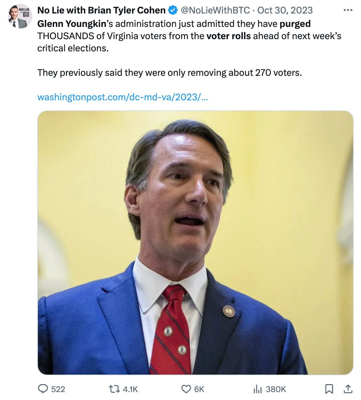 Tweet from No Lie with Brian Tyler Cohen: Glenn Youngkin's administration just admitted they have purged THOUSANDS of Virginia voters from the voter rolls ahead of next week's critical elections. They previously said they were only removing about 270 voters.