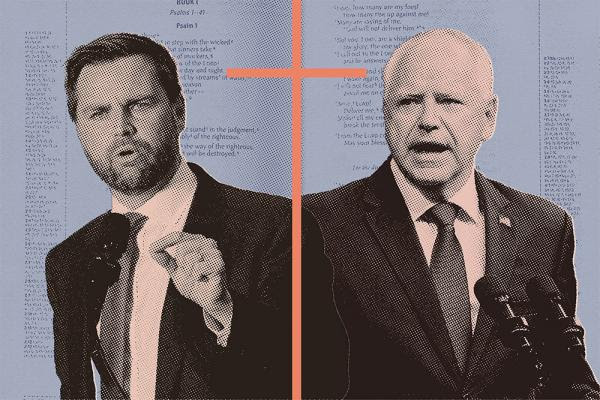 Black and white images of JD Vance and Tim Walz superimposed over a light blue background. A thin orange cross between them. 