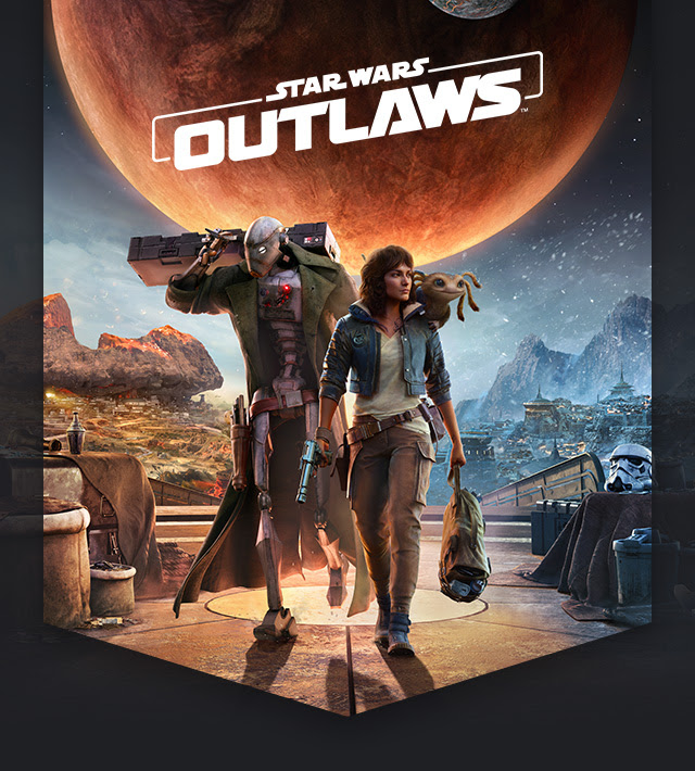 Key art for Star Wars Outlaws depicting protagonist Kay Vess and her creature companion Nix walking alongside a robot with starships and a large planet in the background. Star Wars Outlaws logo overlay.