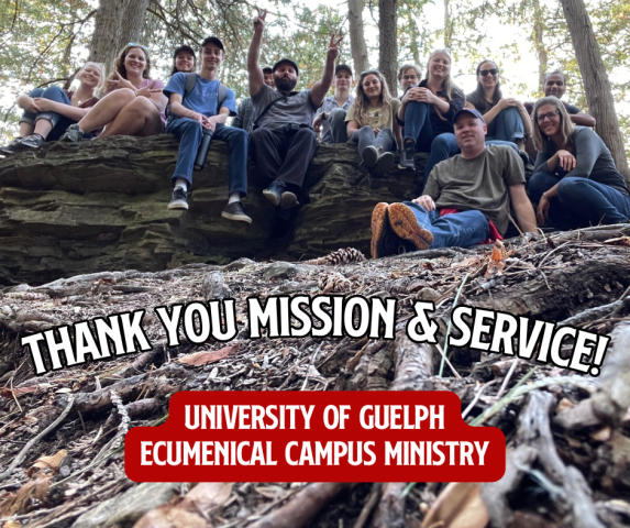 University of Guelph Ecumenical Campus Ministry sitting on a log in the woods