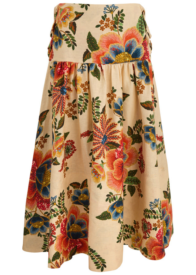 FARM RIO Delicate Garden printed linen midi skirt