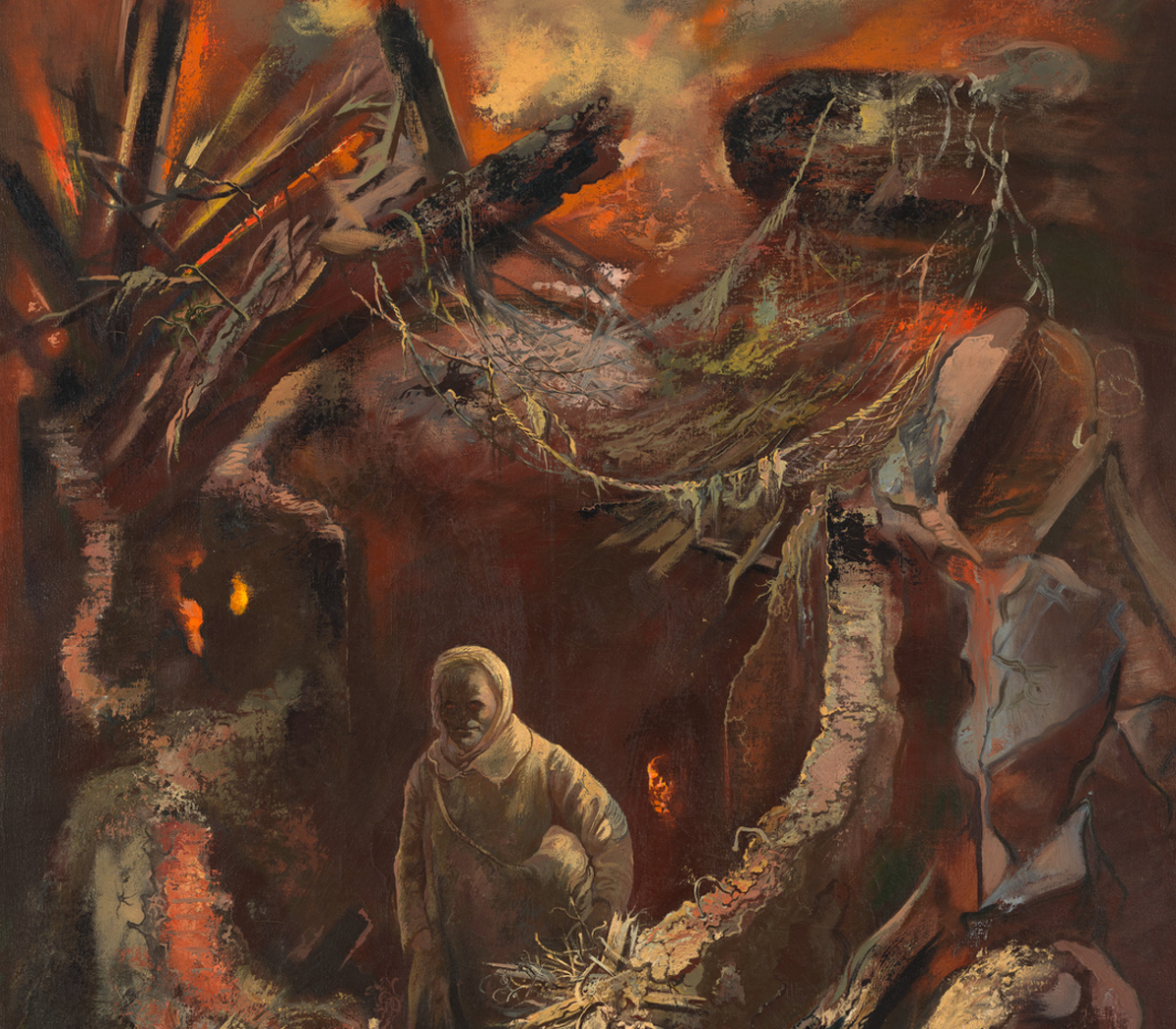 Detail from Peace, II by George Grosz, showing a grim, almost skeletal figure at the center of the composition, emerging from the ruins of a building and surrounded by rubble. In the background are raging fires.