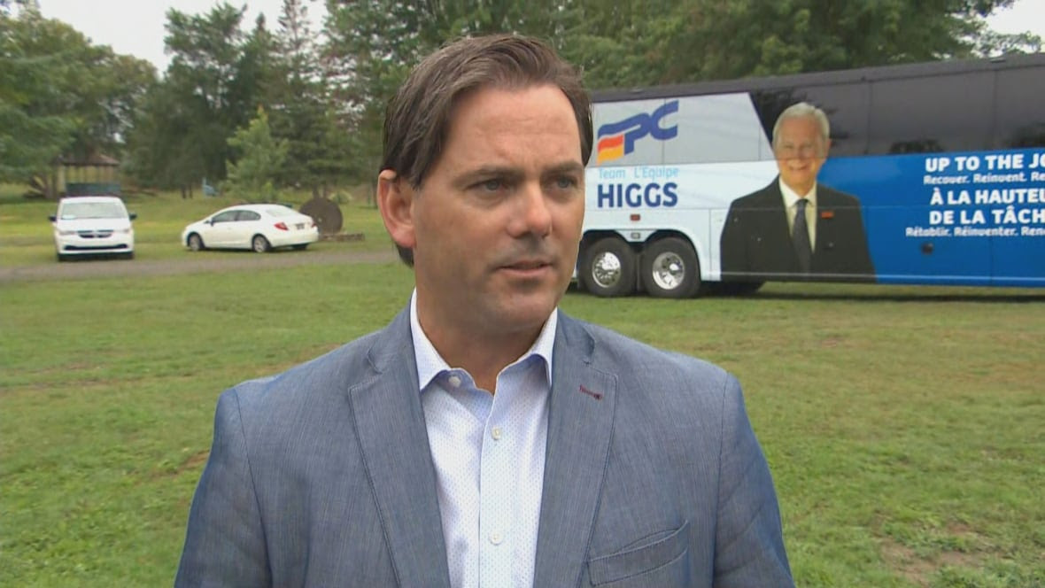 Man stands in front of a Higgs Party bus.