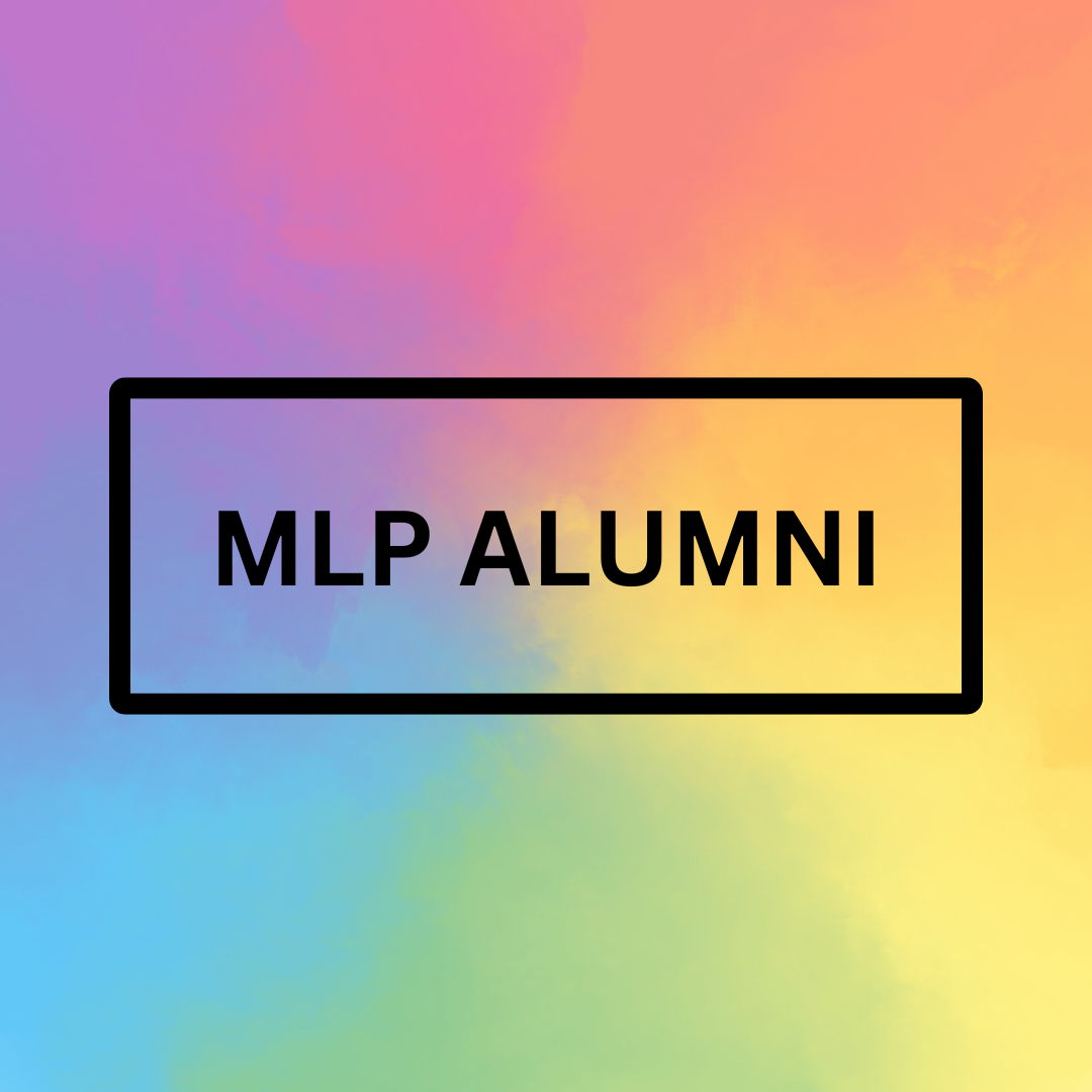 Rainbow gradient with the words MLP Alumni on top