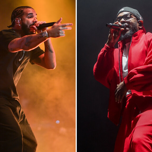 Drake dressed in dark clothing raps into a microphone, with a hand gesturing in the air. Kendrick Lamar, dressed in red and a dark ball cap worn backward, raps into a microphone. 