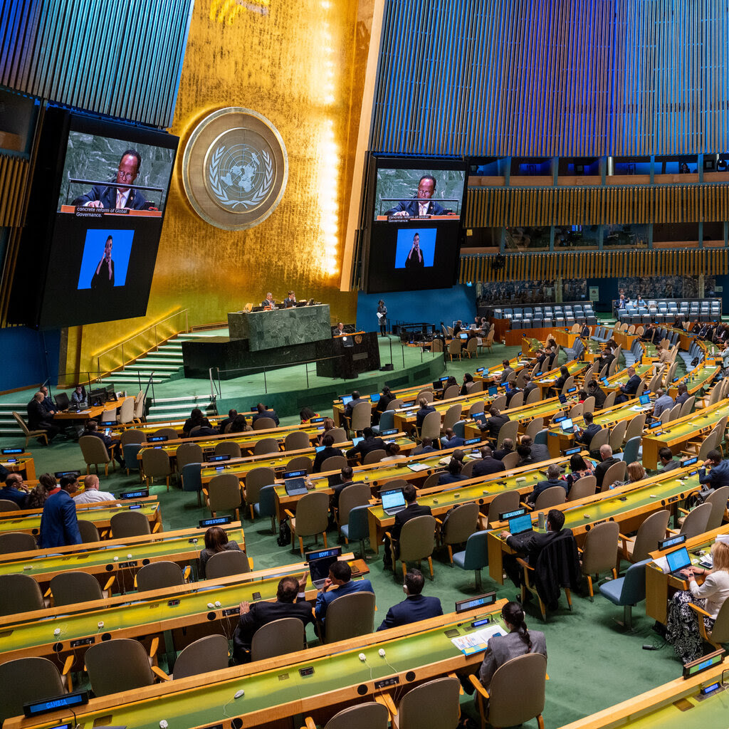 A large hall with people siting at long tables and a person speaking at the front of the room. The United Nations crest is hung on the shiny gold back wall.