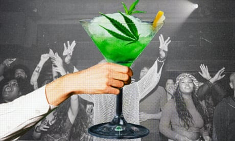 An illustration of a hand holding a martini class full of green liquid and garnished with a marijuana leaf, atop of a backdrop of people partying