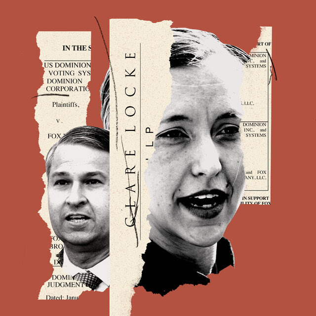 A photo illustration with black and white pictures of Tom Clare and Libby Locke, with torn pieces of legal documents around them. 