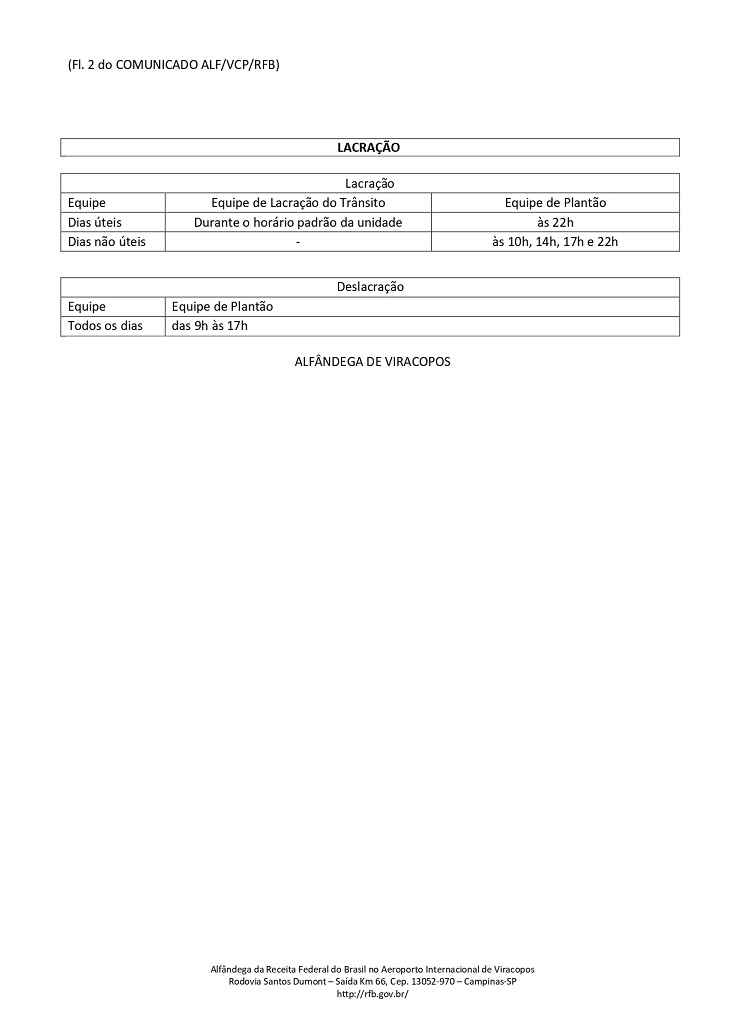 Comunicado ALF VCP nº 9 - 2024 - parametrização 30