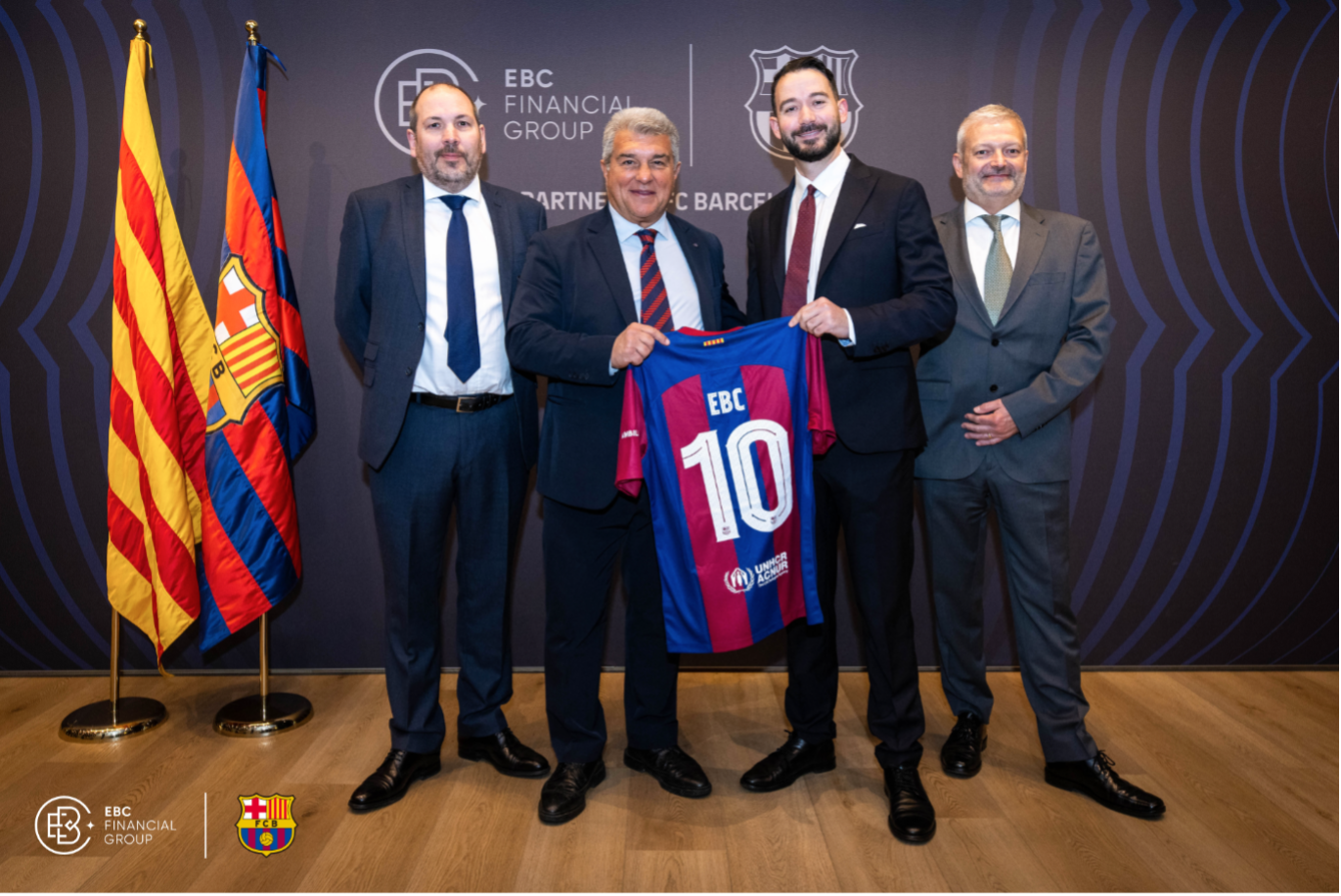 EBC Financial Group and FC Barcelona, alongside President Joan Laporta, celebrate the union of finance and football with a ceremonial jersey exchange.
