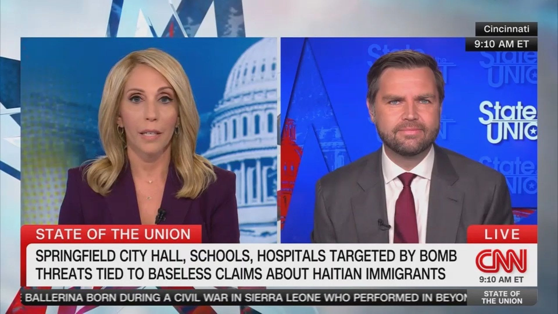 A split screen from CNN showing Dana Bash and JD Vance