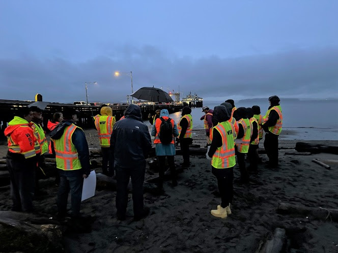 Several people in orange safety vests huddled on a beach next to a ferry terminal