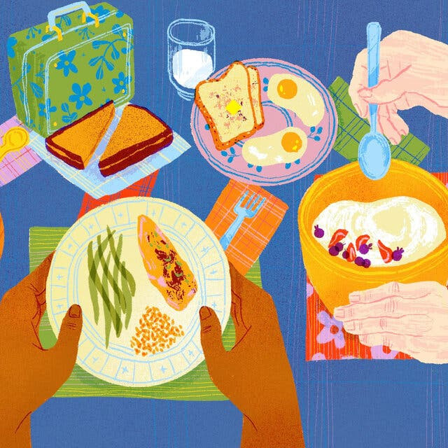 An illustration of various protein-rich meals with the hands of a child, adult and older adult reaching into the frame, holding plates and silverware.