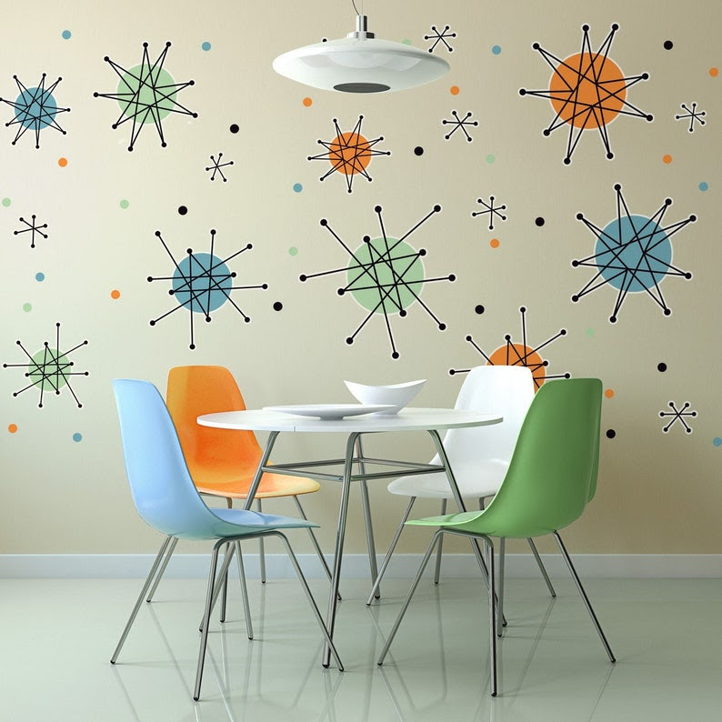 Atomic Starburst Decals Set Of 50 Plus Accents, Large MCM Decor,Peel and Stick Graphics for Inside and Outside Use image 1