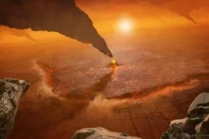 This artist’s concept of the large Quetzalpetlatl Corona located in Venus’ southern hemisphere depicts active volcanism and a subduction zone, where the foreground crust plunges into the planet’s interior. A new study suggests coronae are the locations of several types of tectonic activity. NASA/JPL-Caltech/Peter Rubin