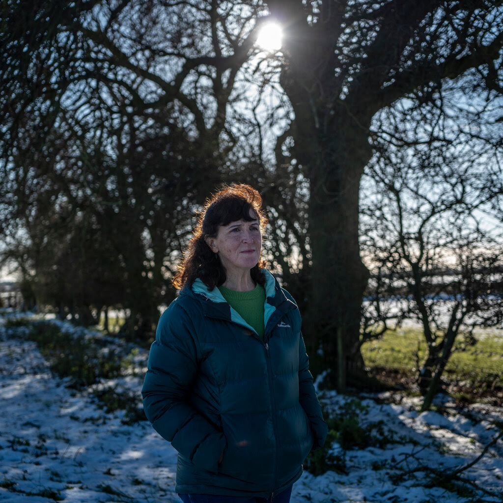 Sarah Tarlow standing in a snow-covered field, the sun glinting through the trees above her.