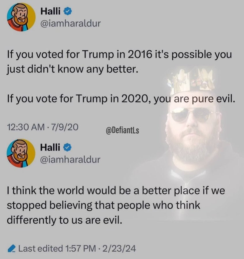 Hypocrite Halli. Says people are evil for voting for Trump. Then says it is bad to call people evil.