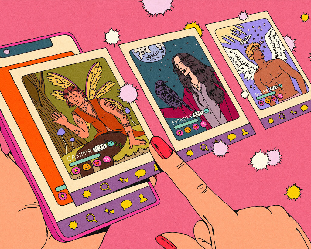 An illustration of a phone and dating app profiles. The profiles are of fantasy men who are hundreds of years old.