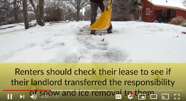 A screenshot of a video about City snow shoveling rules. 