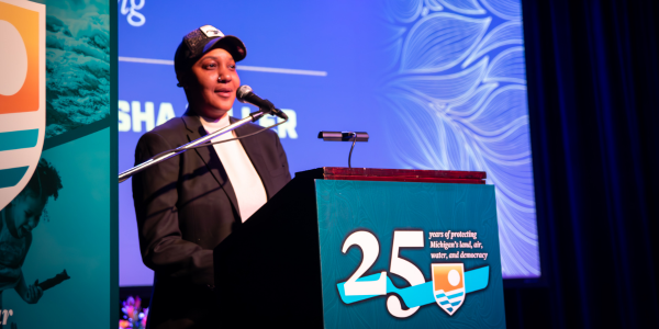 Detroit poet Natasha Miller on stage at the Detroit Gala. 