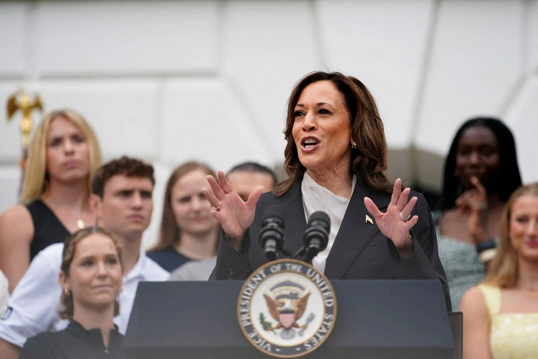 US Vice President Kamala Harris, delivers remarks to the women and men's National Collegiate Athletic Association (NCAA) Champion teams in her first public appearance since President Joe Biden dropped out of the 2024 race, on the South Lawn of the White House, Washington, July 22, 2024. 