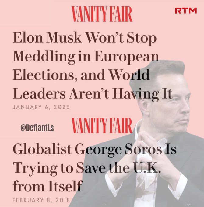 Hypocrite Vanity Fair condemnd Musk for International meddling but says it is ok if Soros does it.'