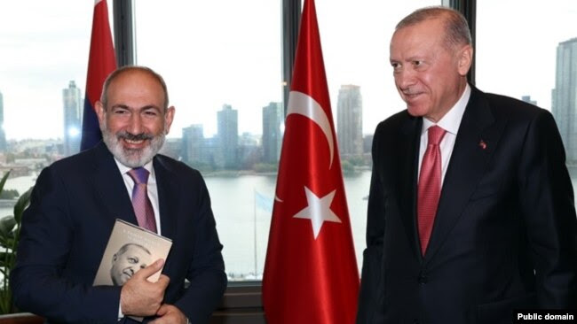 U.S. - Turkish President Recep Tayyip Erdogan and Armenian Prime Minister Nikol Pashinian meet in New York, September 24, 2024.