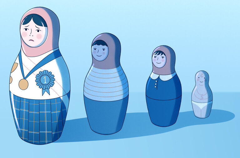 An illustration of four nesting dolls in a row. They have children's faces and the left one is the tallest. Its face looks sad and the doll is adorned with various ribbons. 