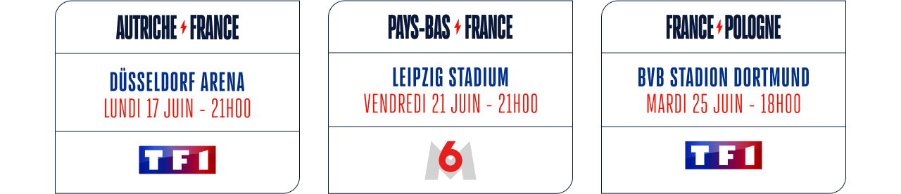 Autriche France Düsseldorf Arena, Lundi 17 Juin 21h TF1, Pays-Bas France Leipzig Stadium Vendredi 21 Juin 21h M6, France Pologne, BVB Stadion Dortmund, Mardi 25 Juin 18h - TF1