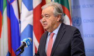 (ARCHIVO) El Secretario General António Guterres informa a los periodistas 