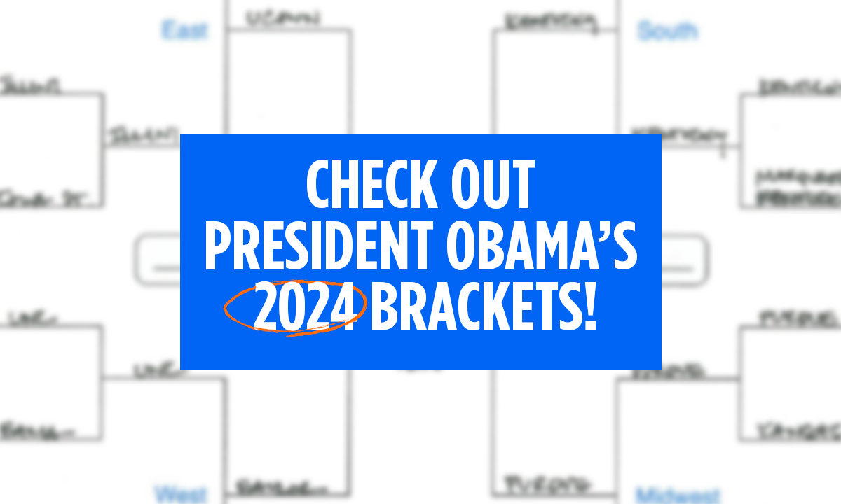 White text in a blue box reads "Check out President Obama's 2024 Brackets!" over a background of a blurred out bracket