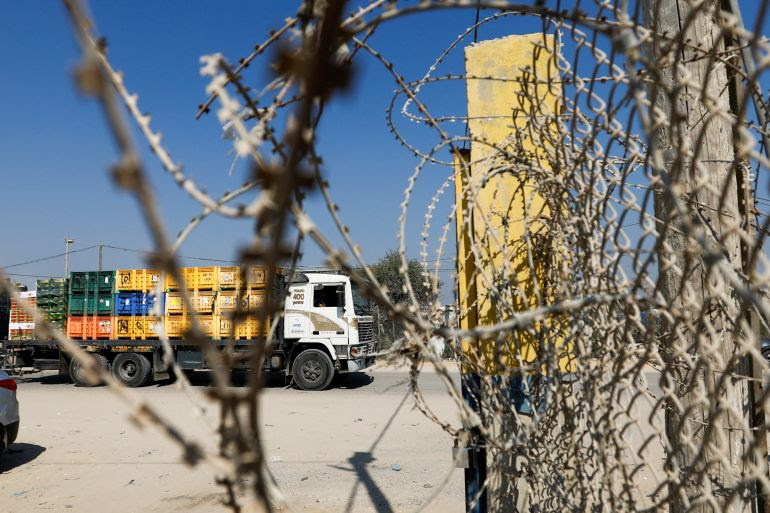 A view of Palestinian goods trucks in front of the commercial crossing of Kerem Shalom