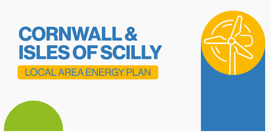 Graphic with wind turbine - reads Cornwall and Isles of Scilly Local Area Energy Plan
