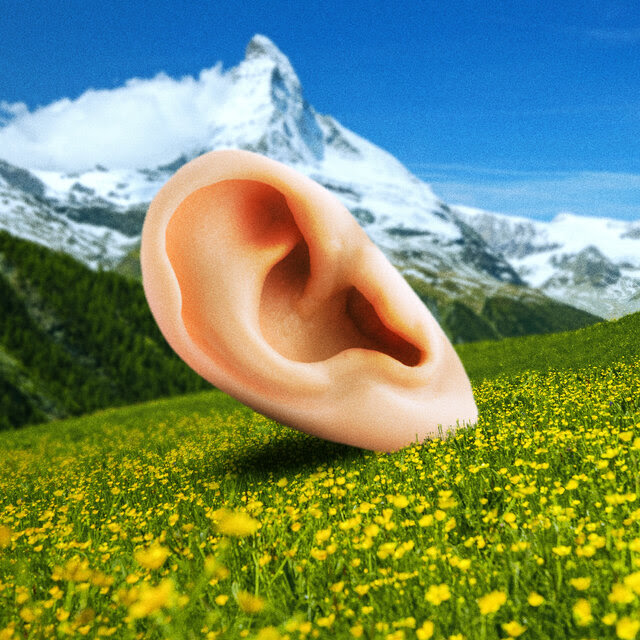 photo illustration of a large ear in a field of flowers with a mountainous backdrop as seen in the Sound of Music