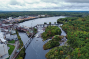 Aerial image of a woodland dam in Maine