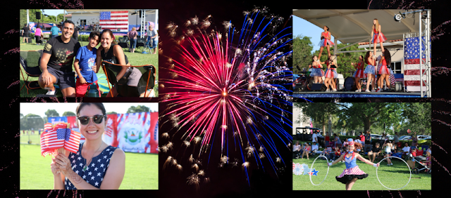 Collage de 4 fotos de la celebración de fuegos artificiales de Weston de 2024. La primera foto muestra a un hombre y una mujer abrazando a un niño frente a un escenario. La segunda foto muestra a una mujer sonriendo y ondeando banderitas de EE. UU. La tercera y la cuarta foto muestran a artistas con atuendos patrióticos.