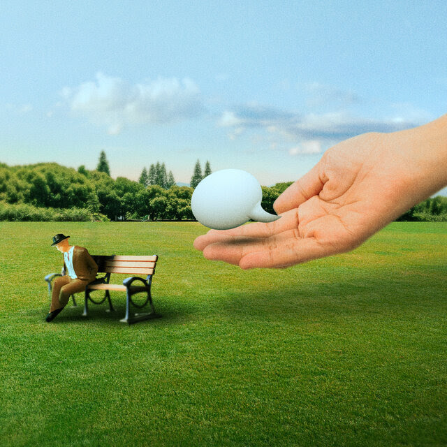 An illustration of a sad man sitting on a bench in a park. A large hand reaches toward him offering a floating speech bubble.