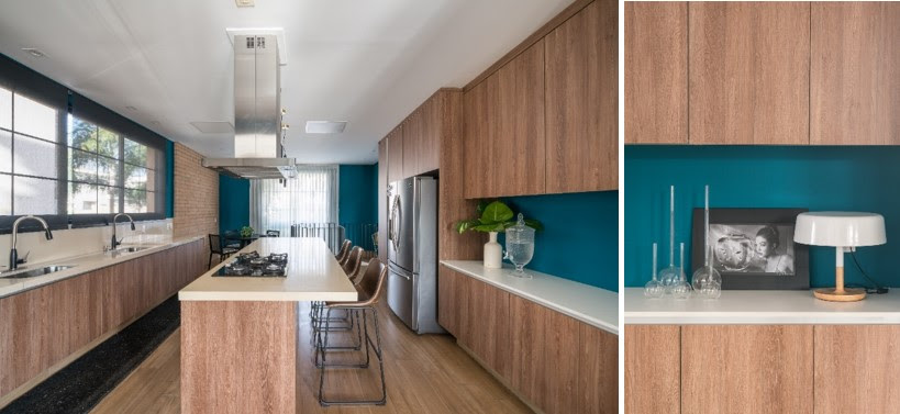 A cor vibrante joga esteticamente com toda a projeção da cozinha, principalmente com a marcenaria, o que cria um cenário divertido e sofisticado para o cômodo, que esbanja personalidade. | Projeto: Spaço Interior | FOTO: Kadu Lopes