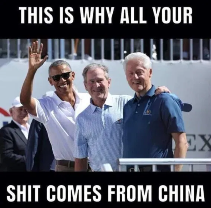 Photo of Obama, Bush and Clinton ,ocking them for helping China.