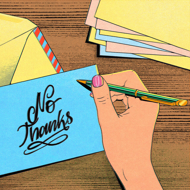 An illustration of hands writing on blue paper that says “No Thanks.” The note is on top of a yellow envelope, and there are more note sheets next to it.