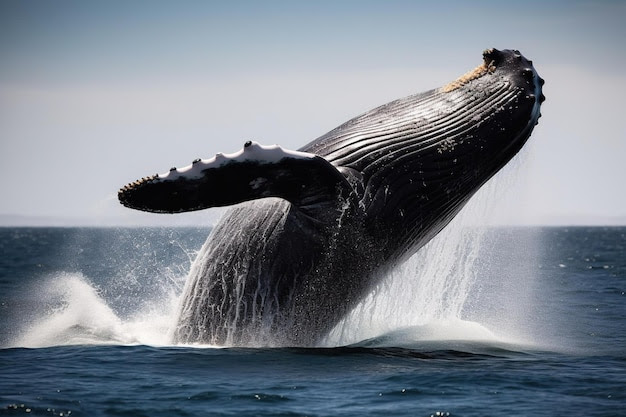 A whale jumps out of the water.