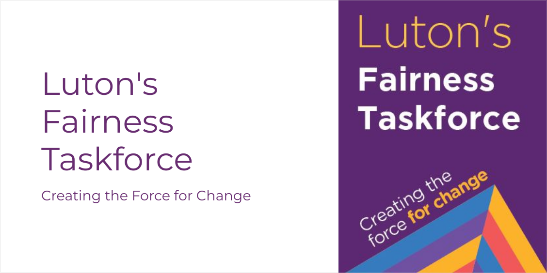 Luton's Fairness Taskforce, creating the force for change. Purple, blue yellow and red logo for Luton Fairness Taskforce