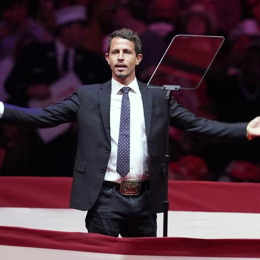 Tony Hinchcliffe arrives to speak before Republican presidential nominee former President Donald Trump during a campaign rally at Madison Square Garden, Sunday, Oct. 27, 2024, in New York. (AP Photo/Evan Vucci)