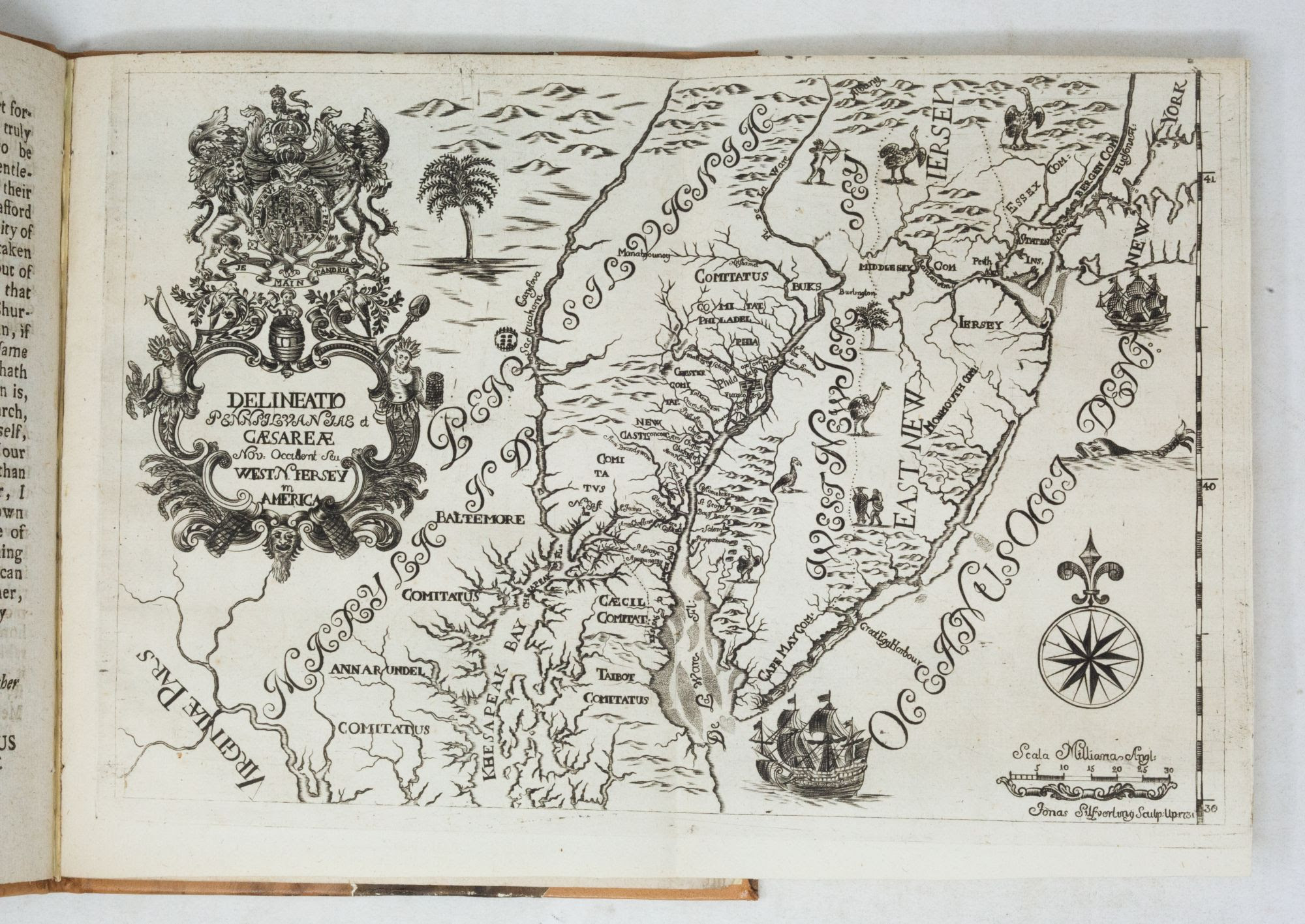 The engraved map from Bioerck's 1731 dissertation on the Swedish church in America, centered on Delaware bay