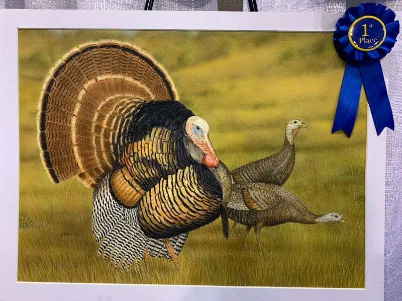 Painting with blue ribbon of three turkeys in yellow grass