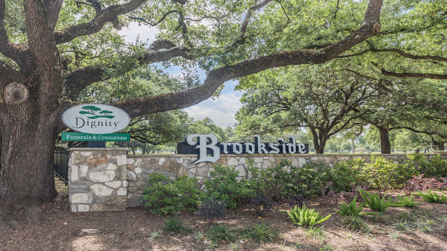 Brookside Memorial Park entrance sign.