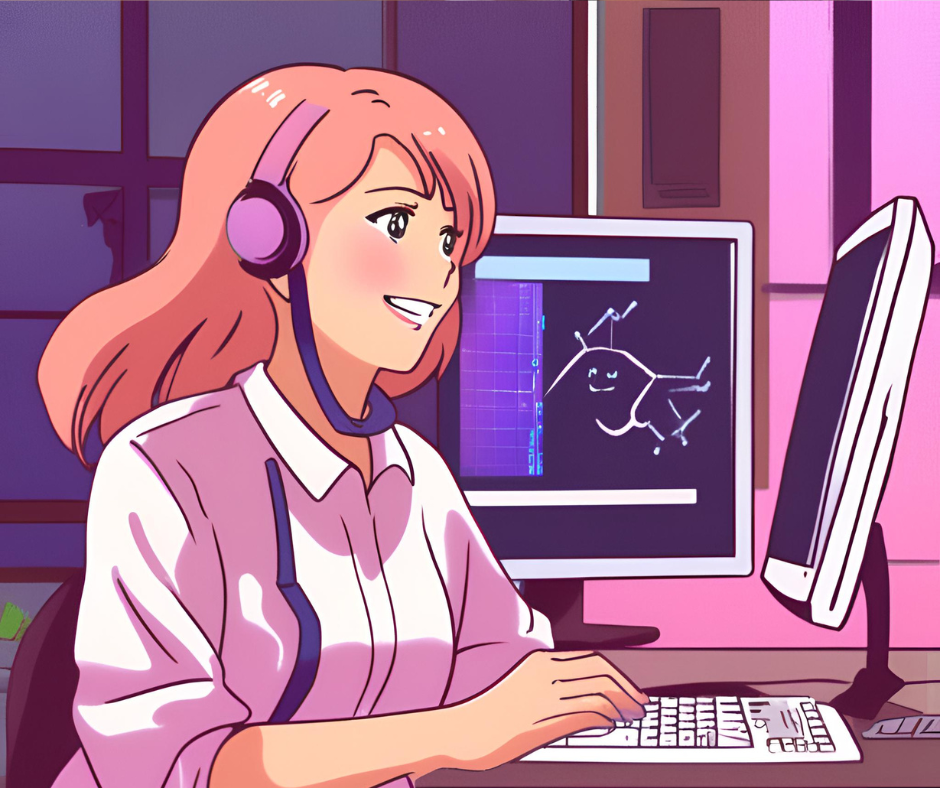 タブレットを見ながら仕事をしている笑顔の女性アニメ風_Canvaの生成AIで作成した画像