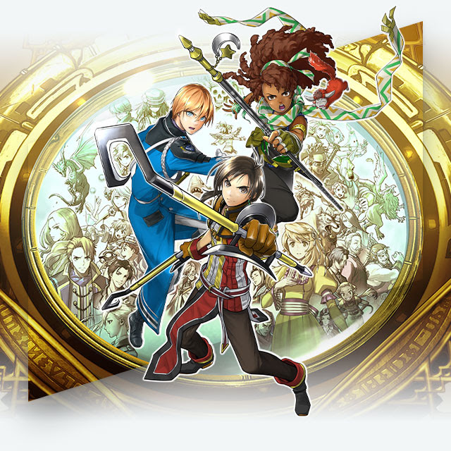 Eiyuden Chronicle: Hundred Heroes key art featuring the characters Nowa, Seign Kesling, and Marisa posing with other characters behind them in a framed photo.