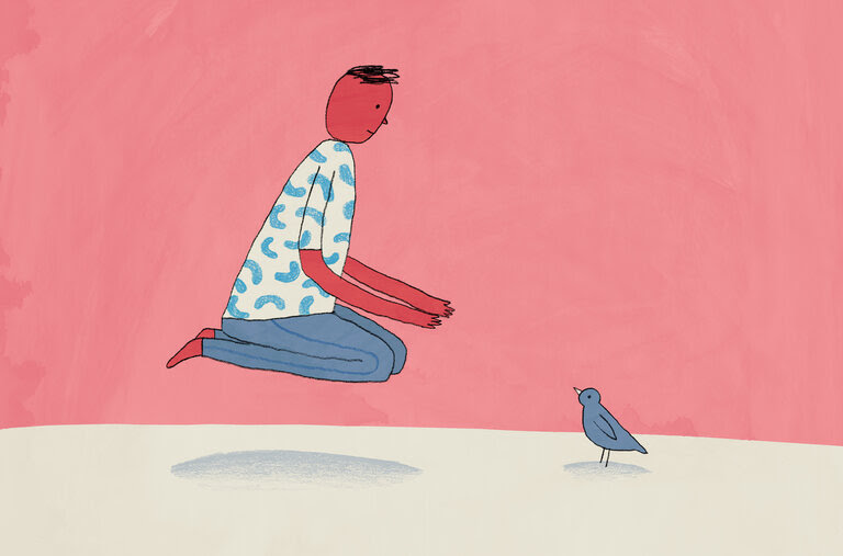 An illustration of a man floating above the ground on his knees reaching out toward a small bird on the ground.