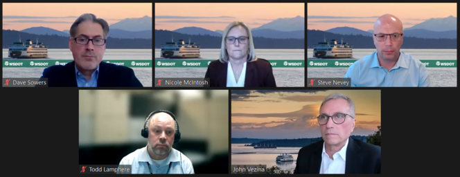 Screenshot of five people on camera during a virtual meeting
